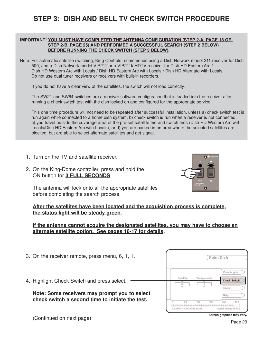 King Controls KD-2200, KD-3200 manual Dish and Bell TV Check Switch Procedure 