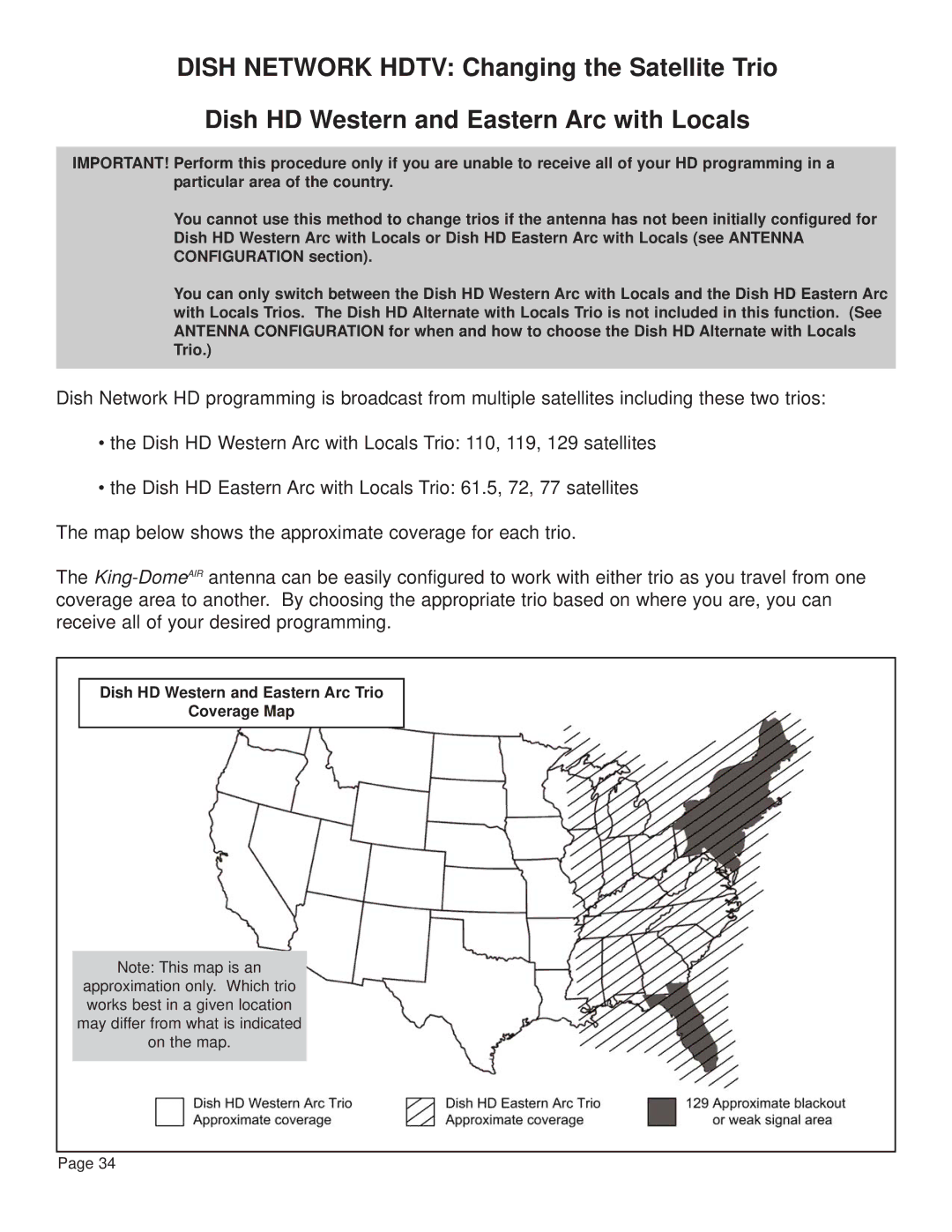 King Controls KD-3200, KD-2200 manual Dish HD Western and Eastern Arc Trio Coverage Map 