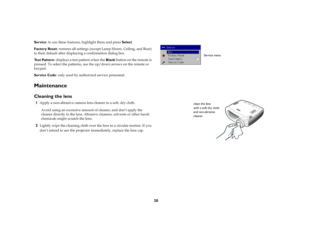 King Kutter SP7200 manual Maintenance, Cleaning the lens, Wrwkhlughidxowdiwhuglvsod\Lqjdfrqilupdwlrqgldorjer 