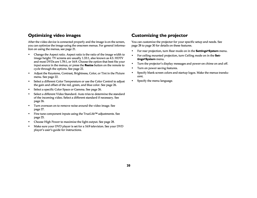King Kutter SP7200 manual Optimizing video images, Customizing the projector, ‡ 7XUQRQSRZHUVDYLQJIHDWXUHV 
