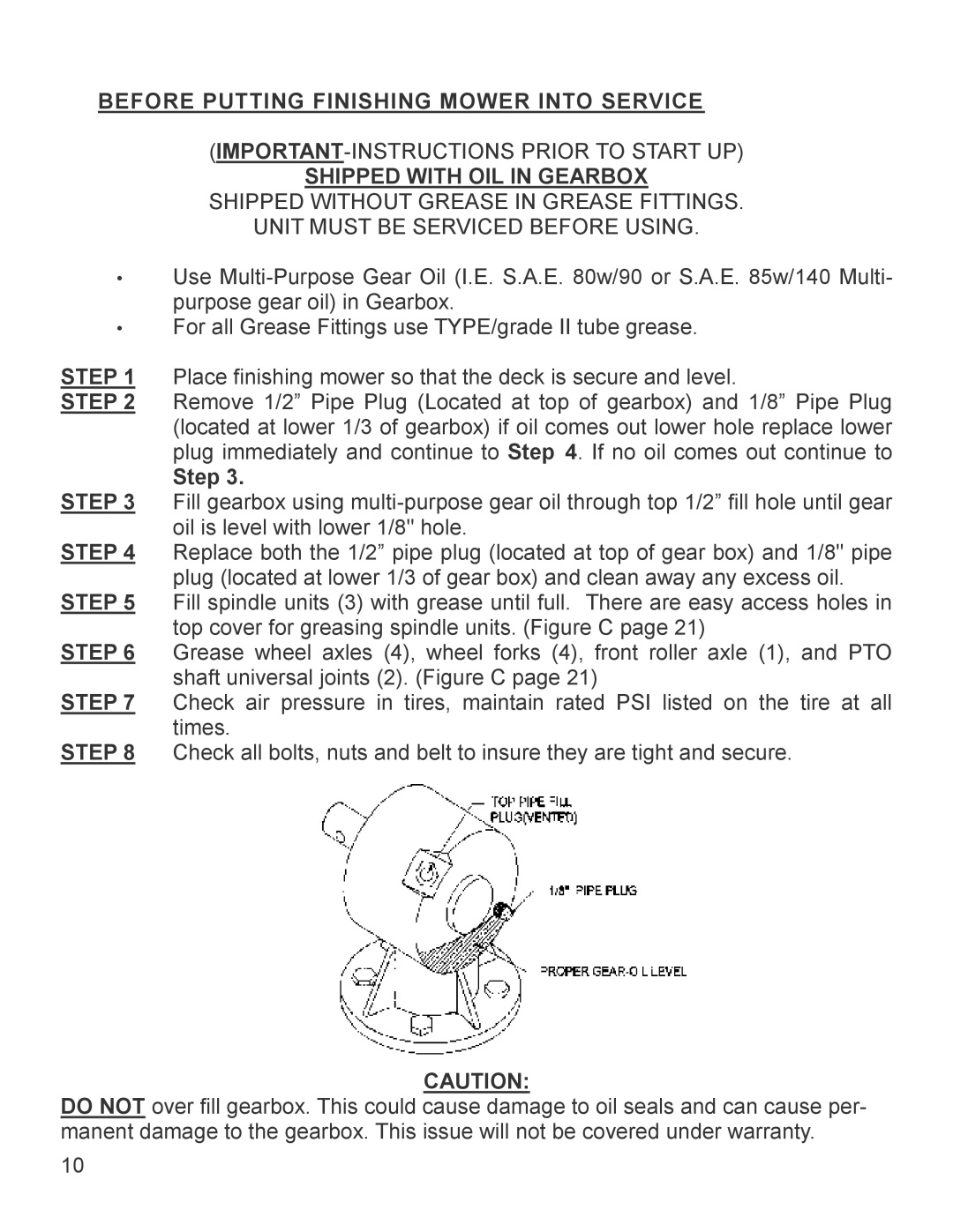 King Kutter 999994 manual Before Putting Finishing Mower Into Service, Shipped with OIL in Gearbox 