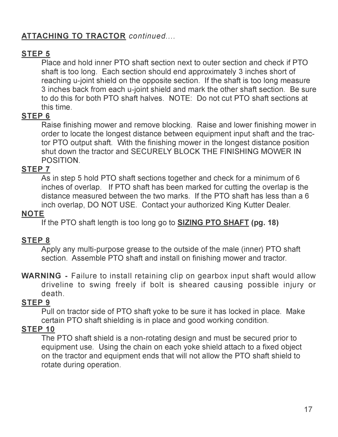 King Kutter 999994 manual Attaching to Tractor 
