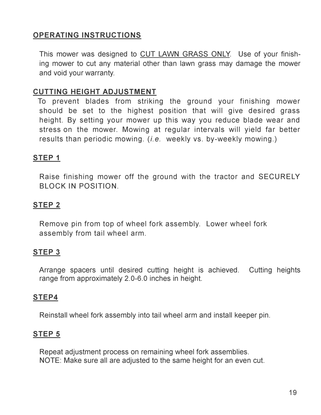 King Kutter 999994 manual Operating Instructions, Cutting Height Adjustment 