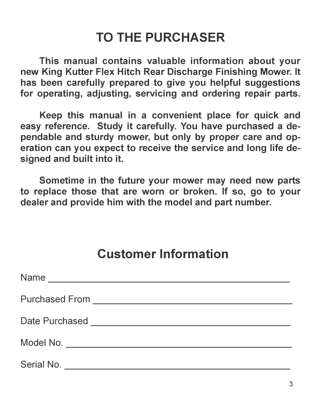 King Kutter 999994 manual To the Purchaser 