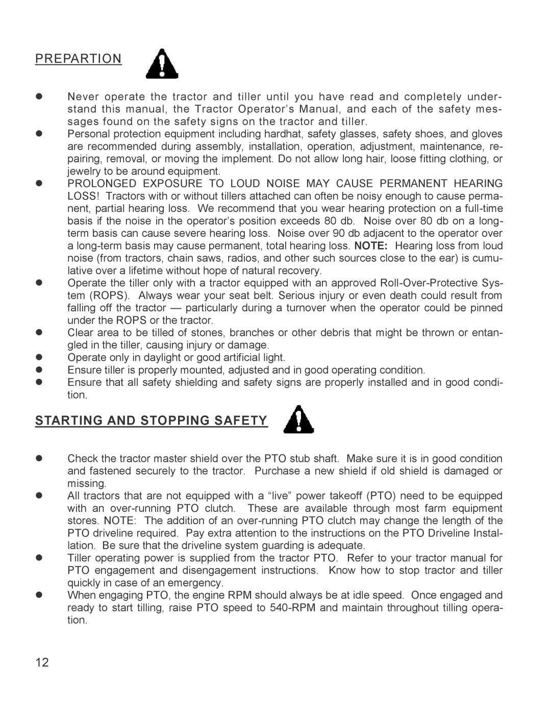 King Kutter 999995 manual Prepartion, Starting and Stopping Safety 