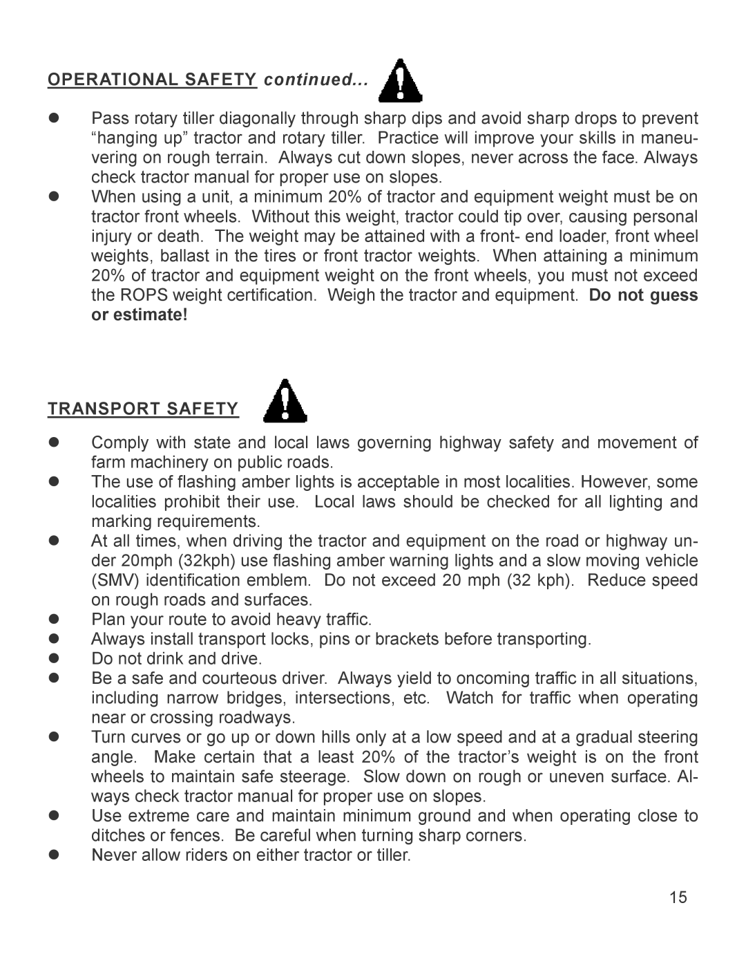 King Kutter 999995 manual Transport Safety 