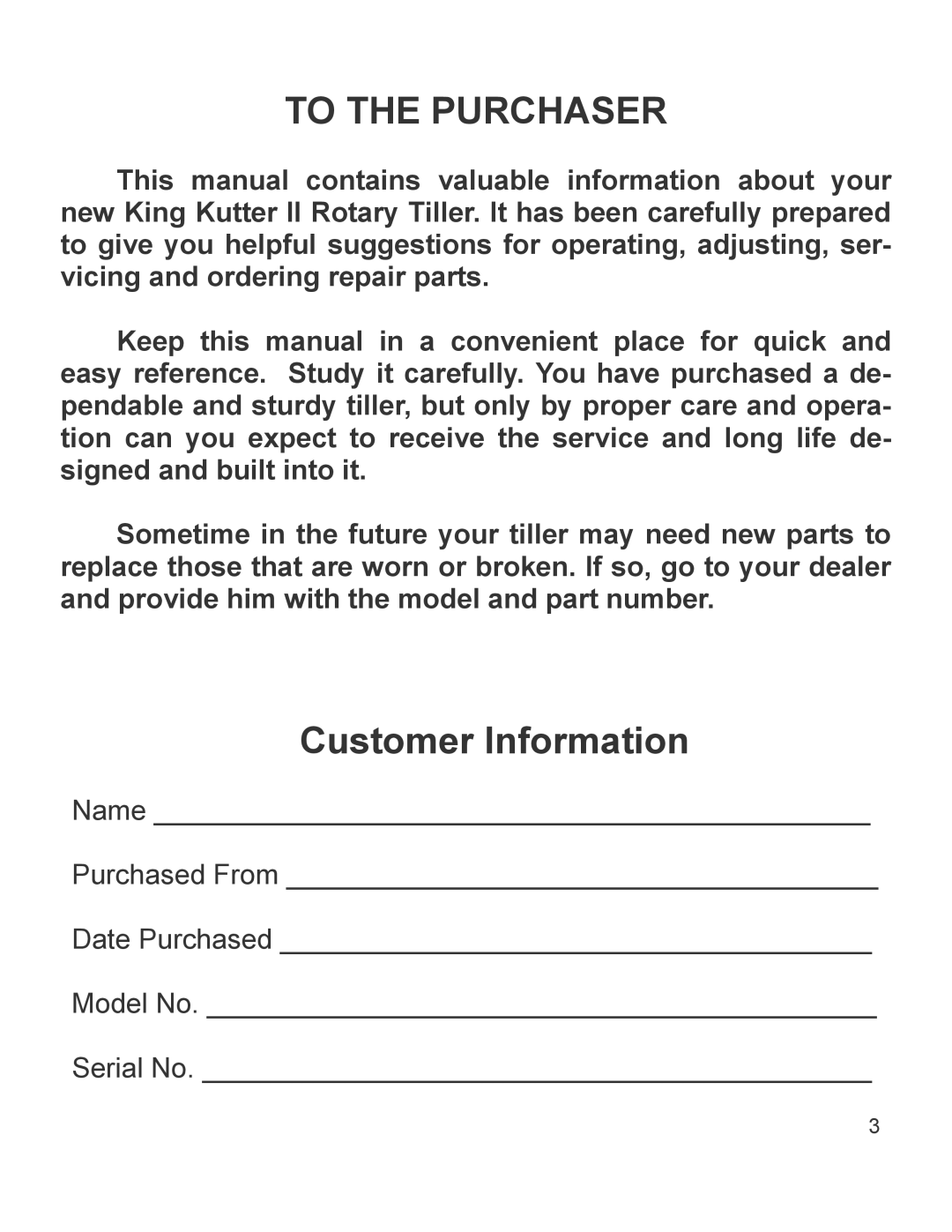 King Kutter 999995 manual To the Purchaser 