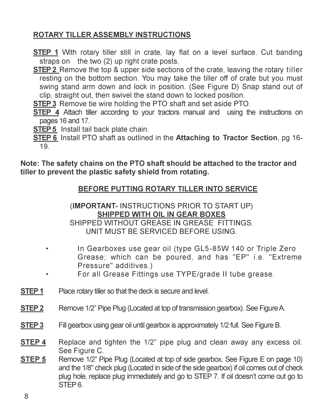 King Kutter 999995 manual Rotary Tiller Assembly Instructions, Before Putting Rotary Tiller Into Service 