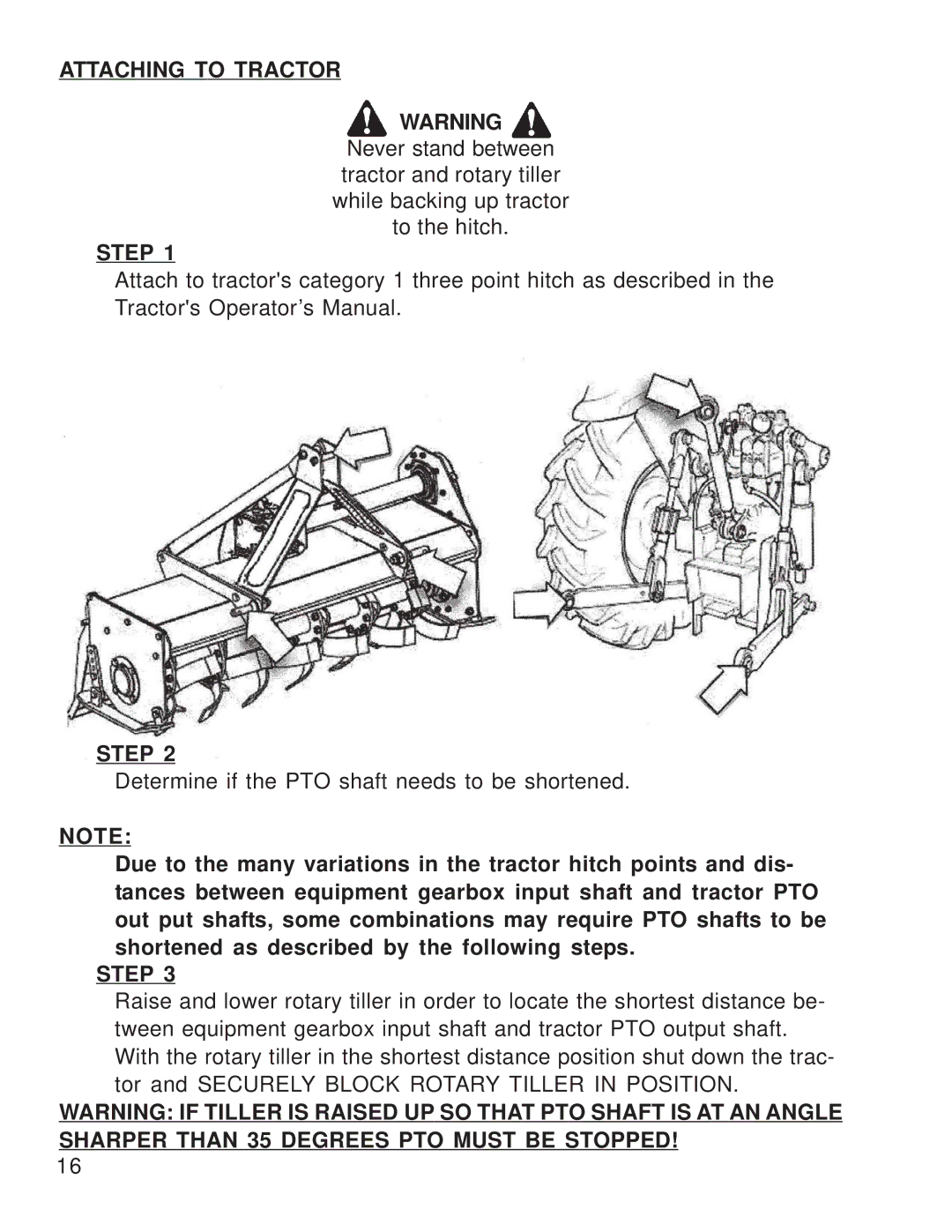 King Kutter 999995 manual Attaching to Tractor Step, Sharper than 35 Degrees PTO Must be Stopped 