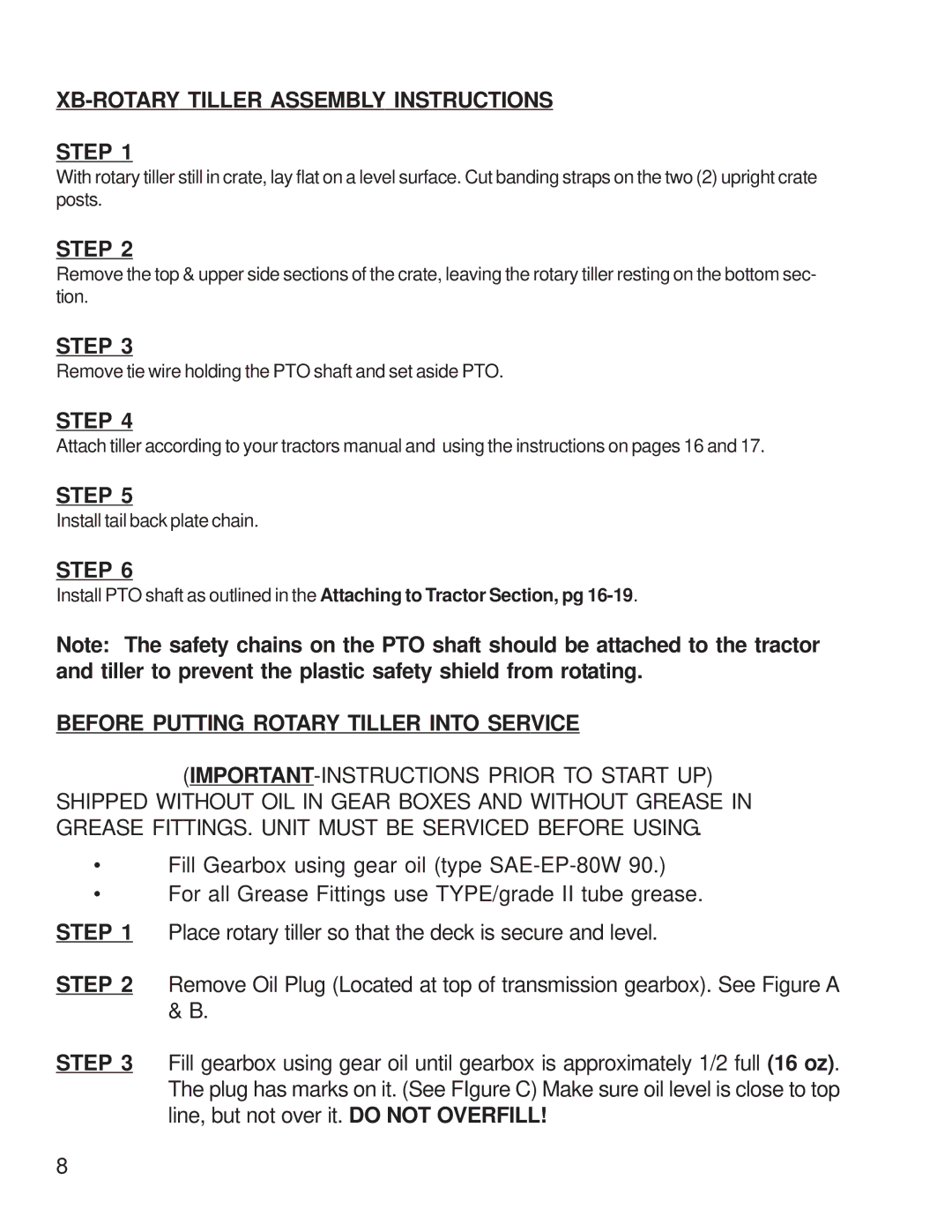 King Kutter 999995 manual XB-ROTARY Tiller Assembly Instructions Step, Before Putting Rotary Tiller Into Service 