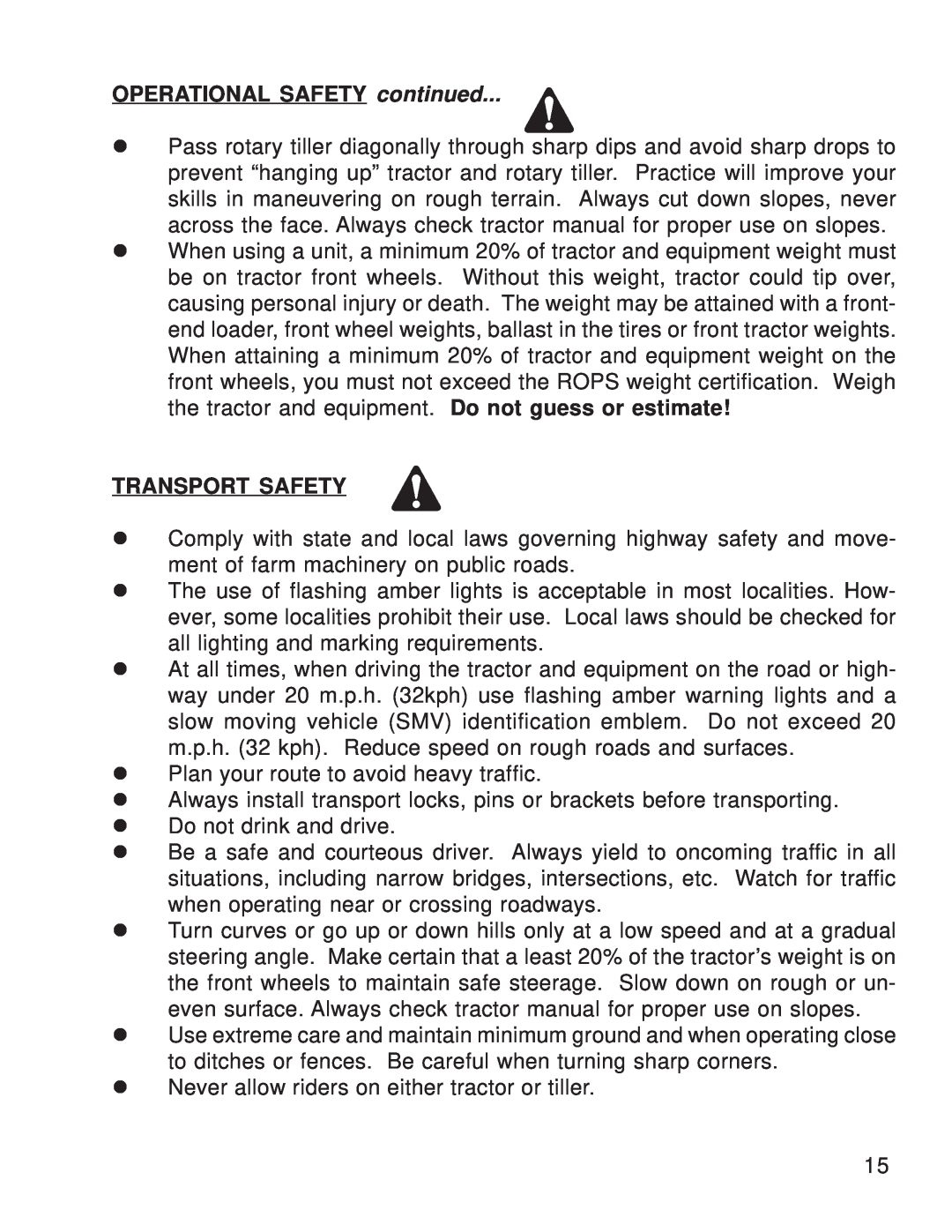 King Kutter 999995 manual OPERATIONAL SAFETYcontinued, Transport Safety 