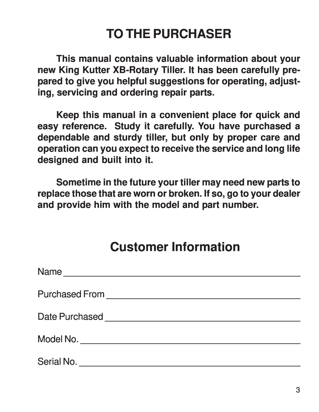 King Kutter 999995 manual To The Purchaser, Customer Information 