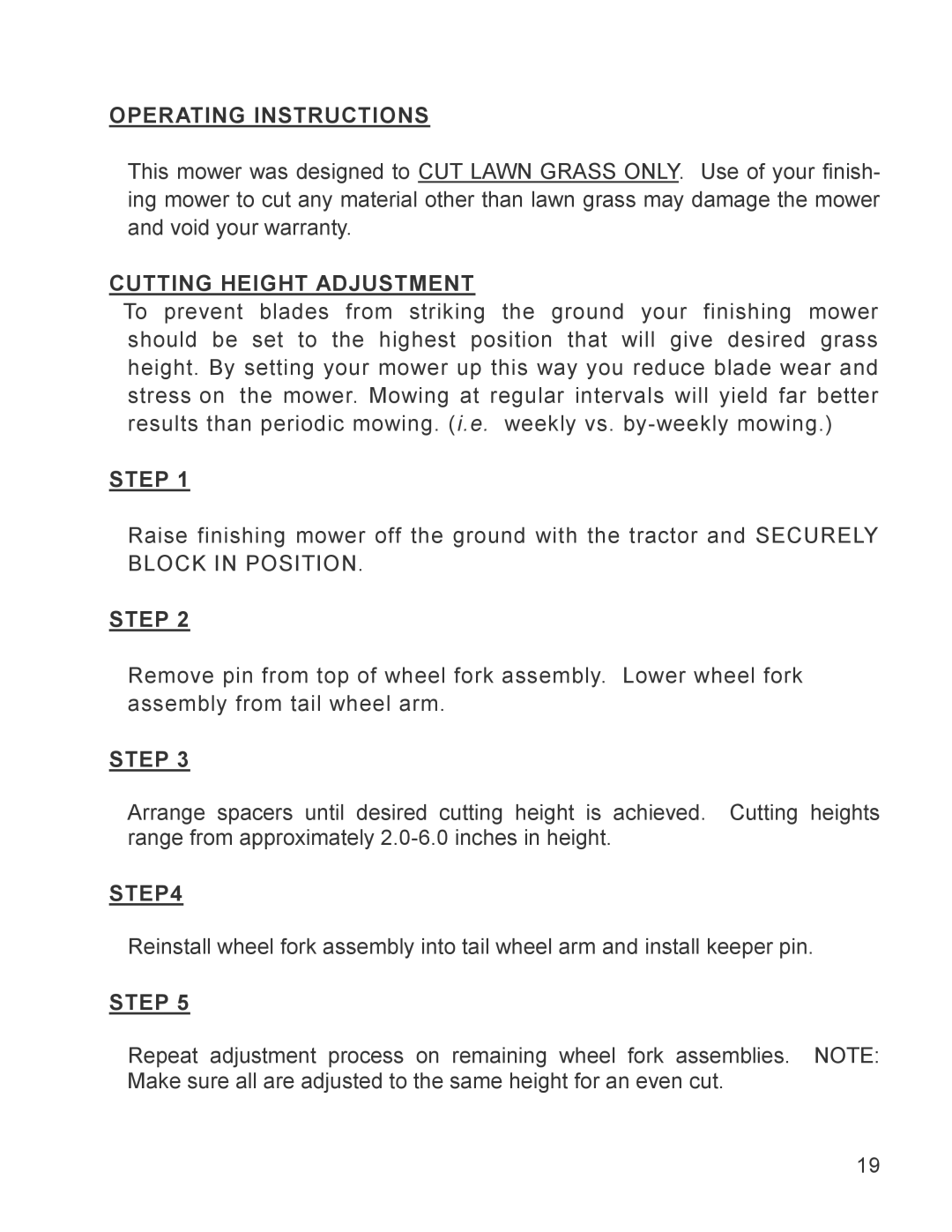 King Kutter 999996 manual Operating Instructions, Cutting Height Adjustment 