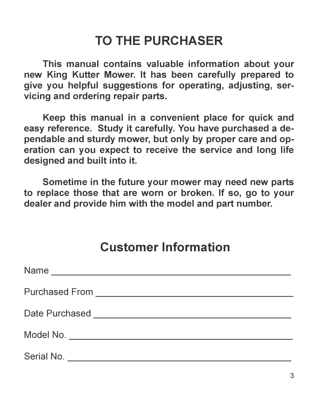King Kutter 999996 manual To The Purchaser, Customer Information 