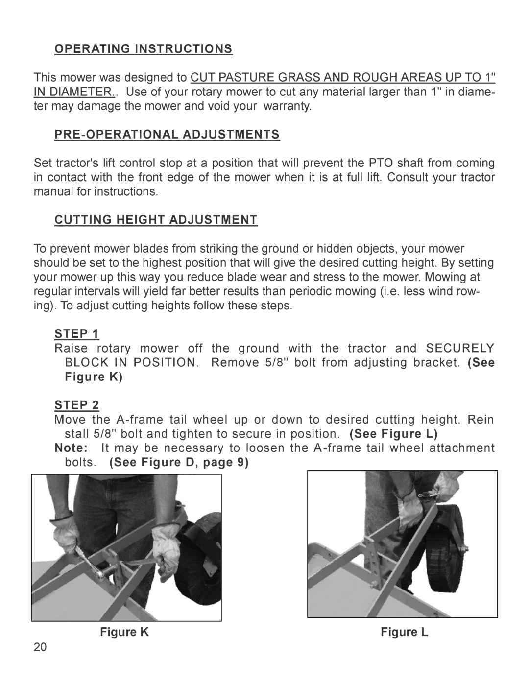 King Kutter 999998 manual Operating Instructions, PRE-OPERATIONAL Adjustments, Cutting Height Adjustment 