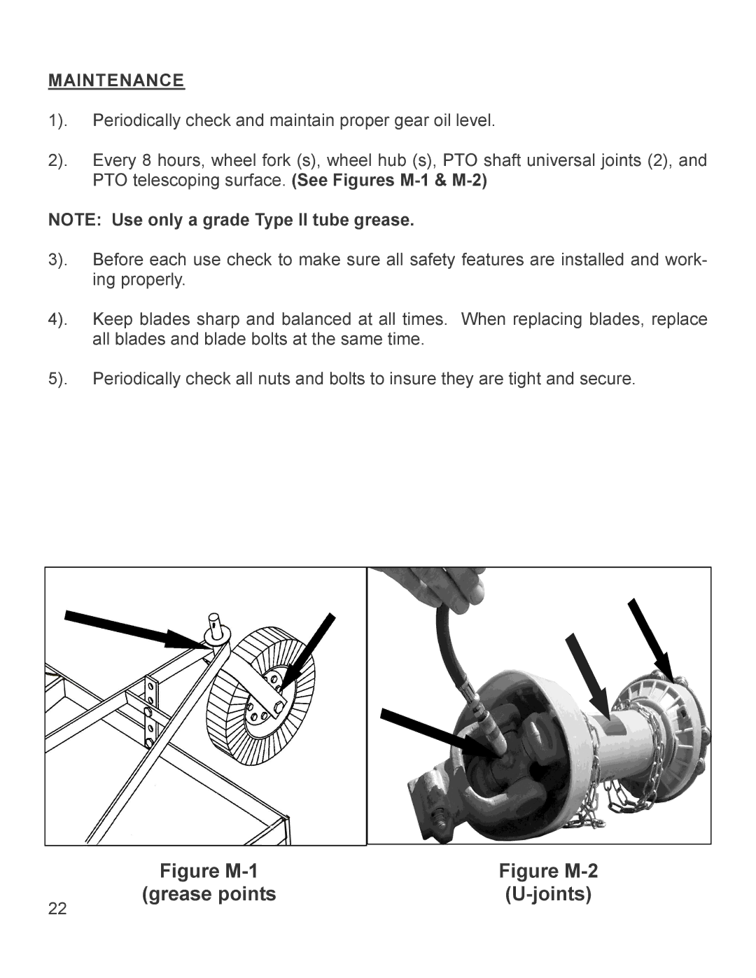 King Kutter 999998 manual Grease points Joints, Maintenance 