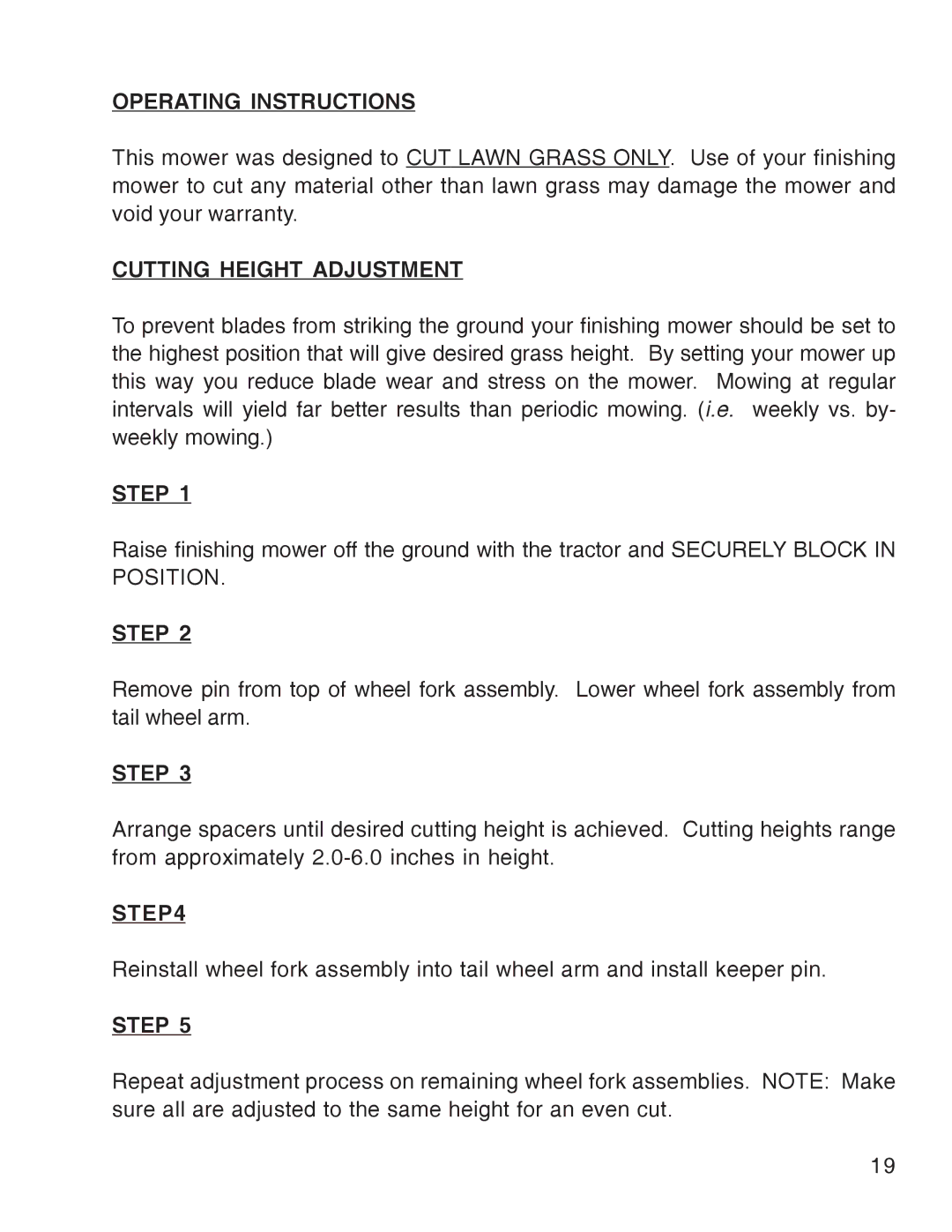 King Kutter Free Floating Finishing Mower manual Operating Instructions, Cutting Height Adjustment 