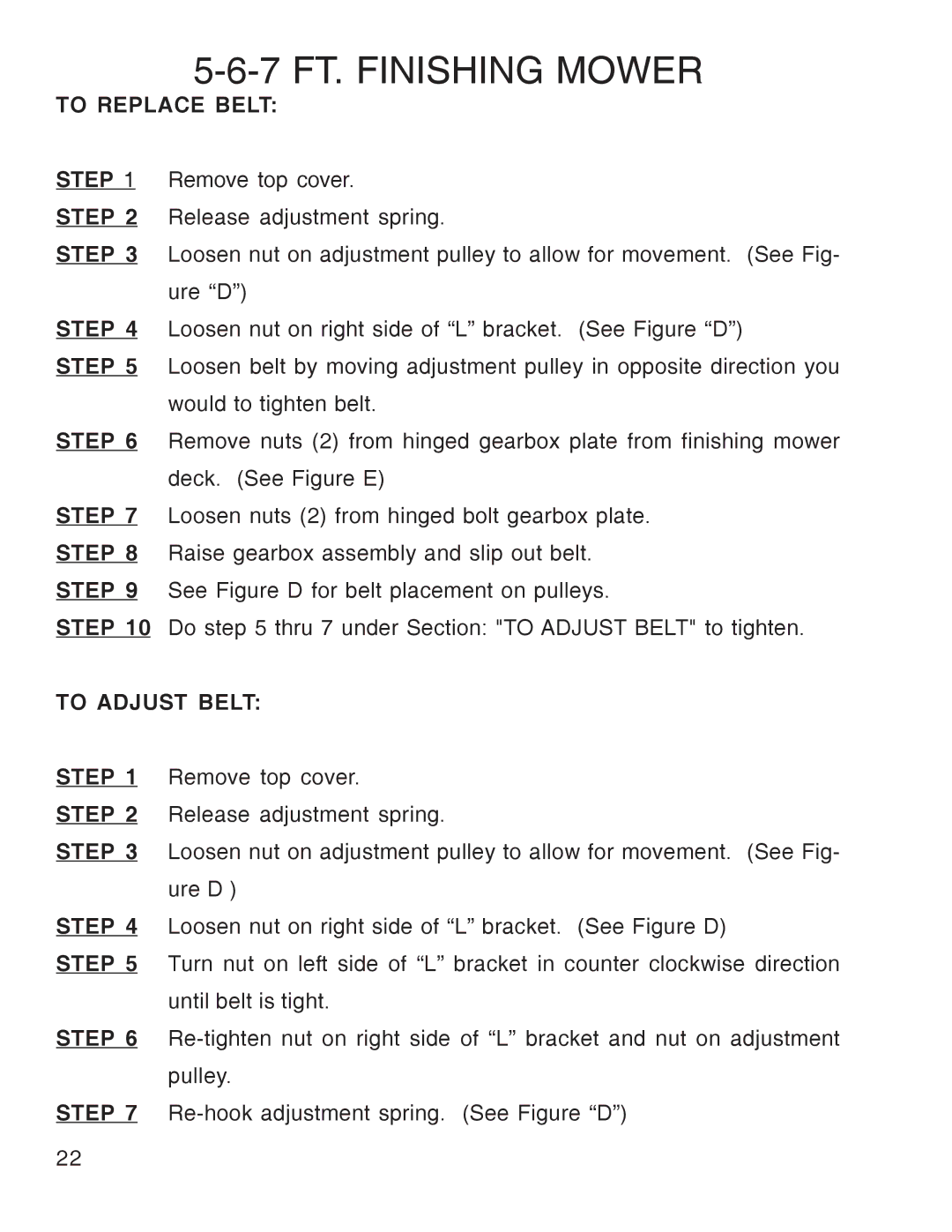 King Kutter Free Floating Finishing Mower manual To Replace Belt Step, To Adjust Belt 