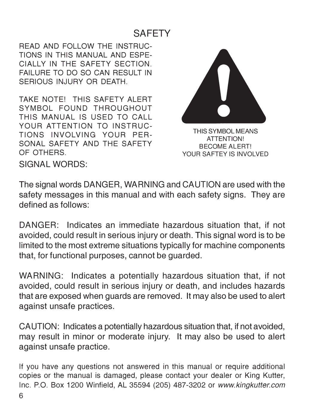 King Kutter Free Floating Finishing Mower manual Safety 