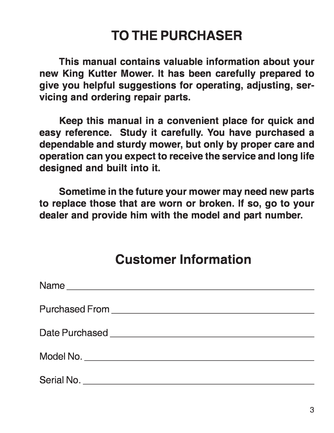 King Kutter Free Floating manual To The Purchaser, Customer Information 
