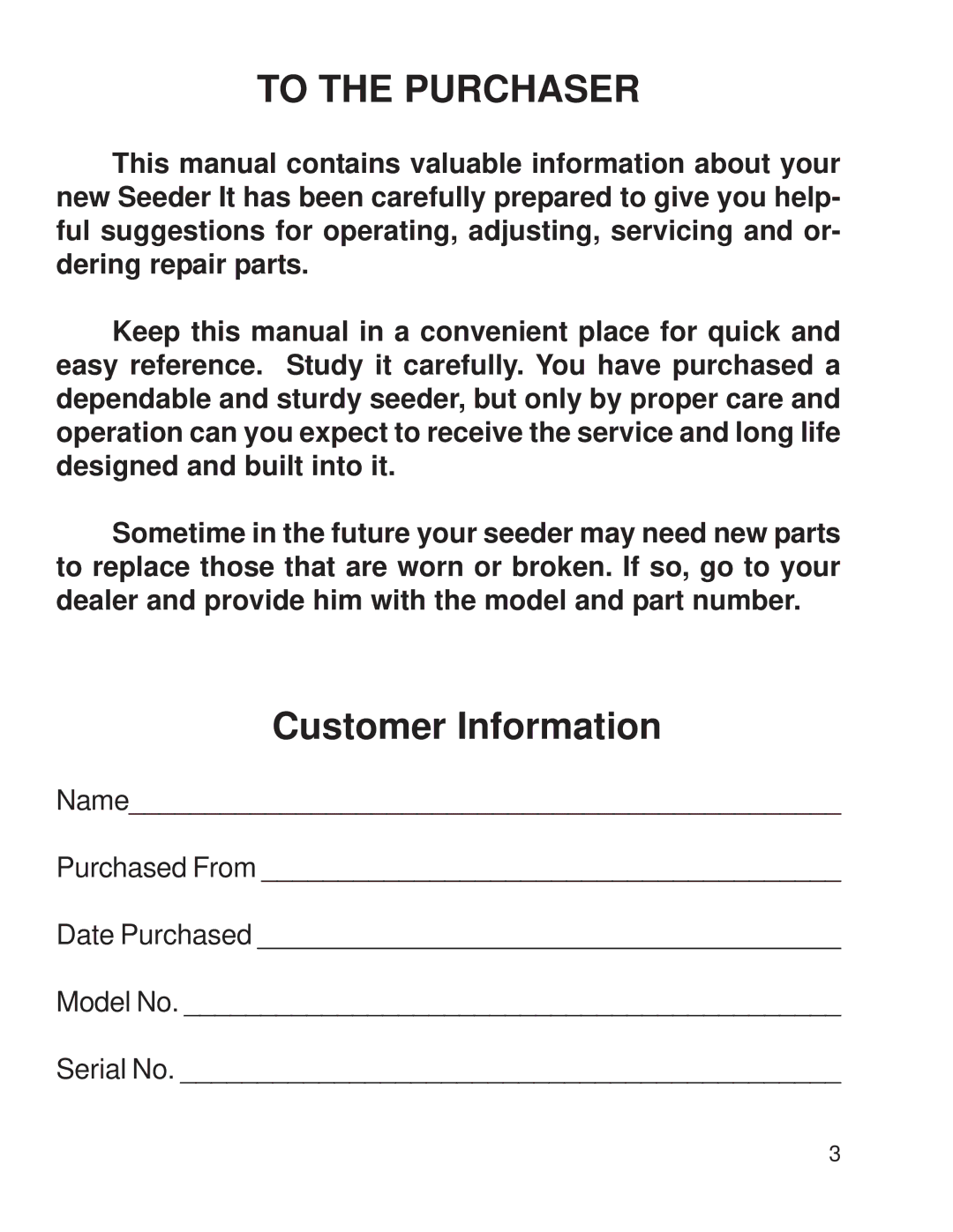 King Kutter none manual To the Purchaser 