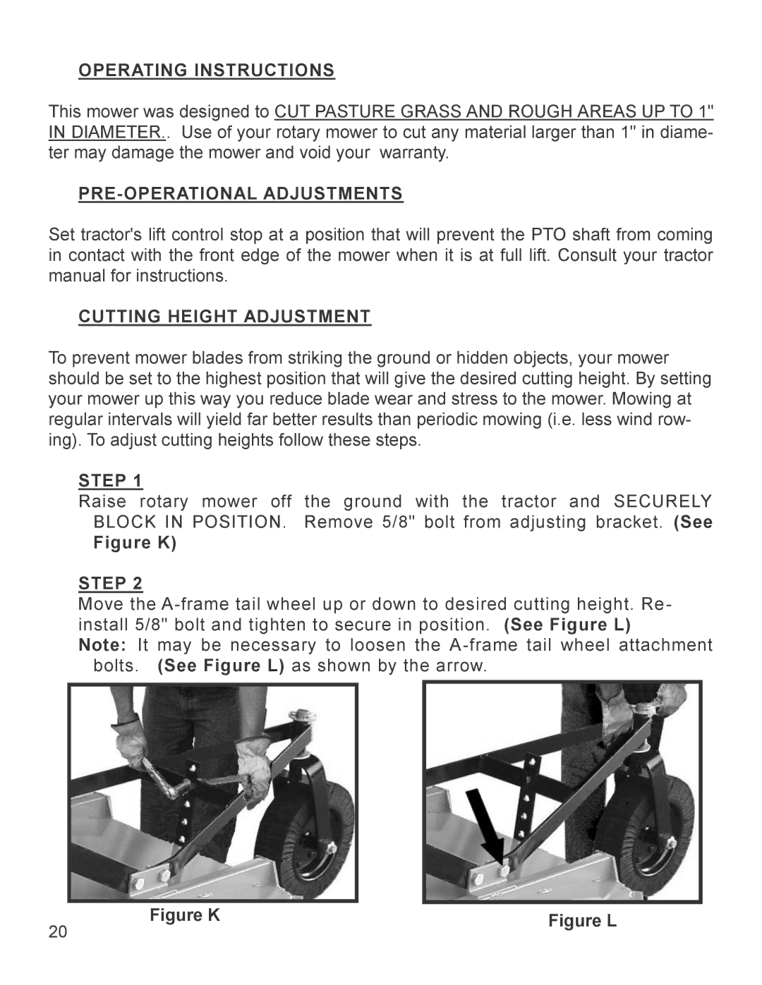 King Kutter Part No 999993 manual Operating Instructions, PRE-OPERATIONAL Adjustments, Cutting Height Adjustment 