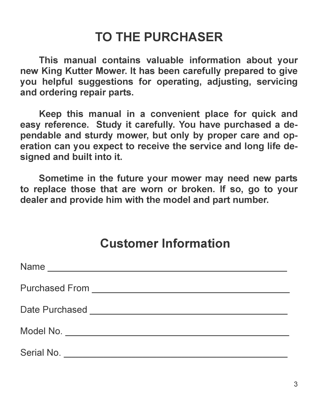 King Kutter Part No 999993 manual To The Purchaser, Customer Information 