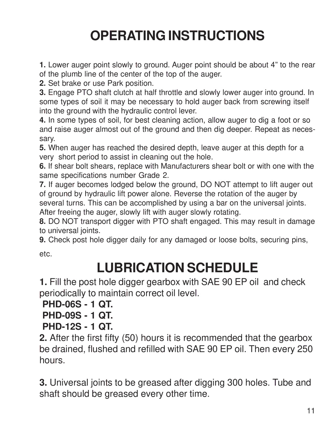 King Kutter phd-06s, phd-12s, phd-09s manual Operating Instructions, Lubrication Schedule 