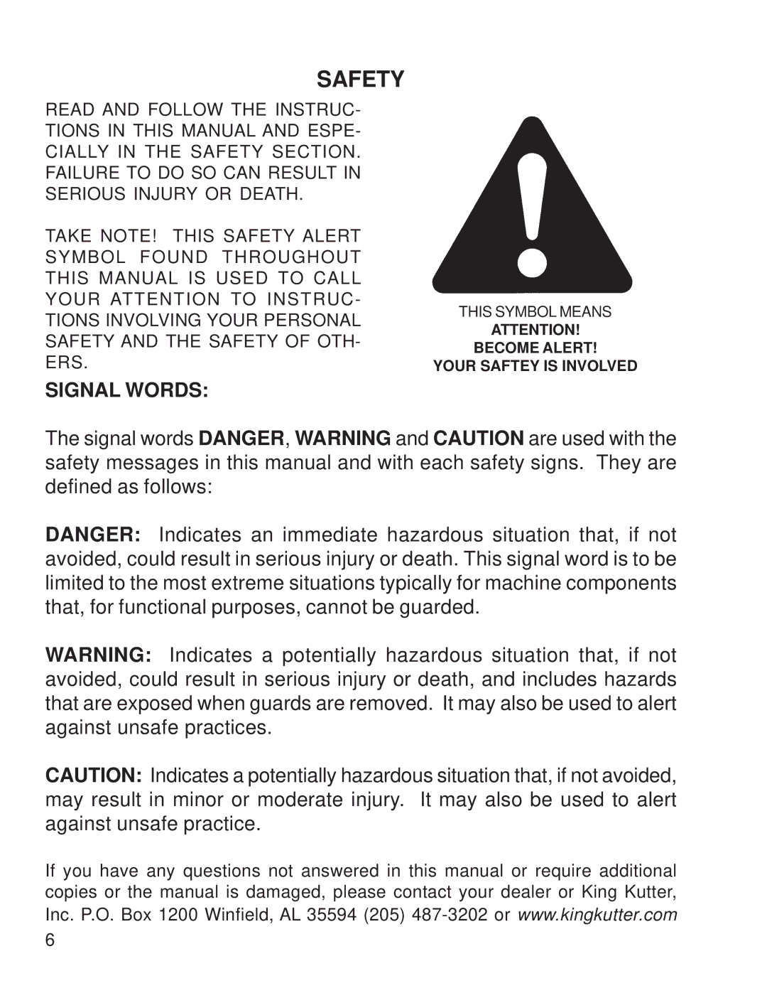 King Kutter phd-12s, phd-09s, phd-06s manual Safety 