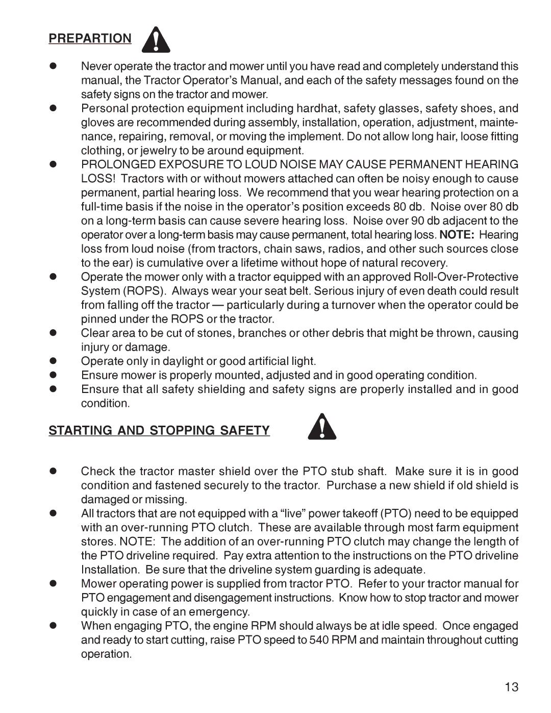 King Kutter Rotary Mower manual Prepartion, Starting and Stopping Safety 