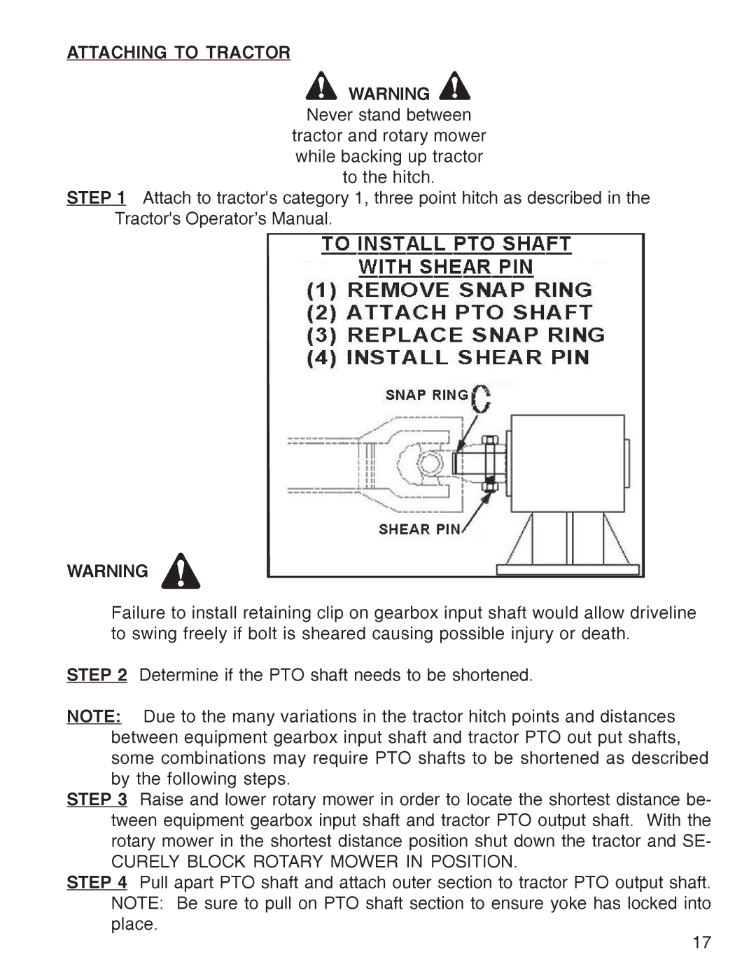 King Kutter manual Attaching to Tractor, Curely Block Rotary Mower in Position 