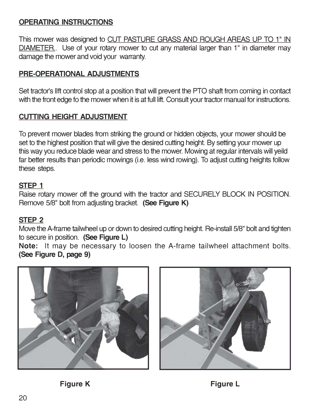 King Kutter Rotary Mower manual Operating Instructions, PRE-OPERATIONAL Adjustments, Cutting Height Adjustment 