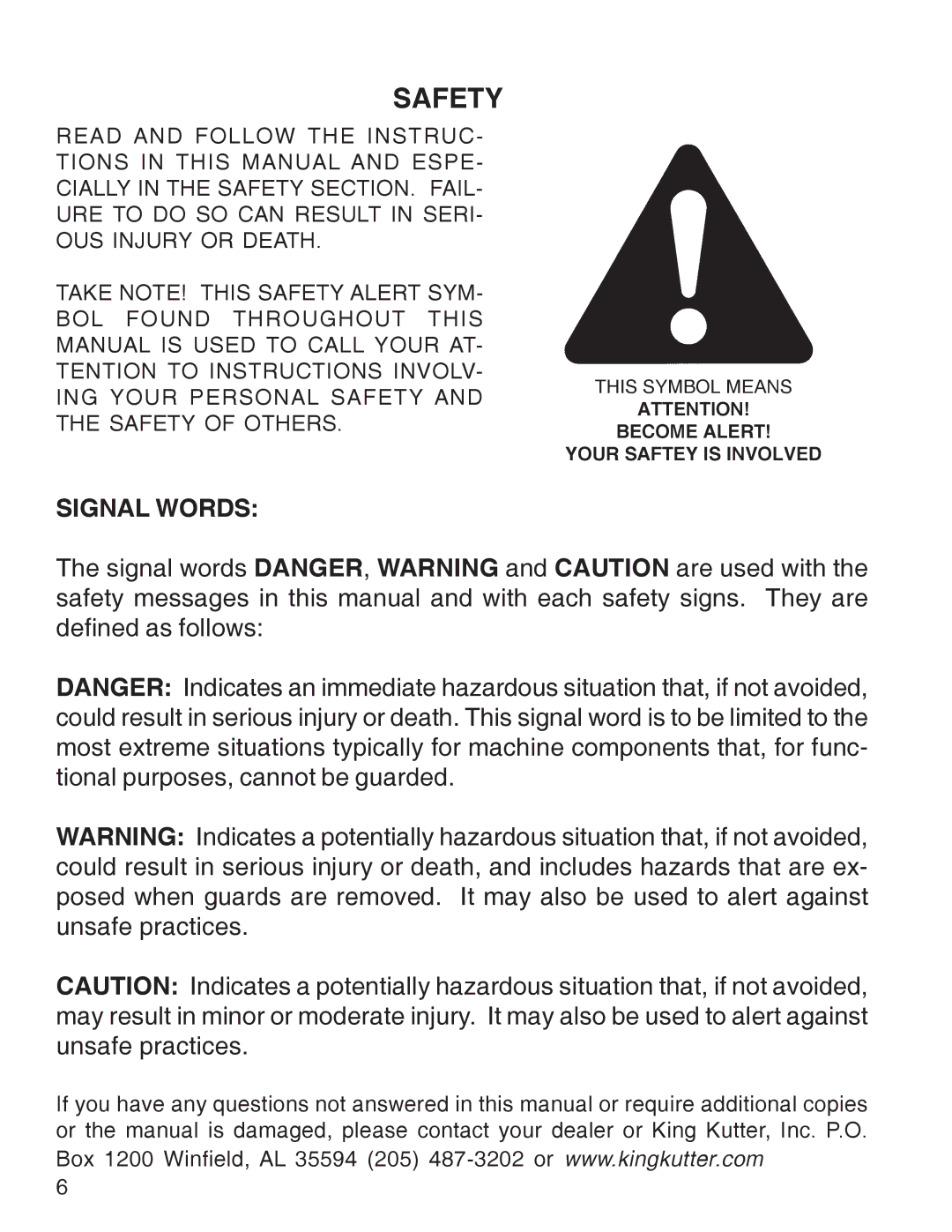 King Kutter Rotary Mower manual Safety, Signal Words 