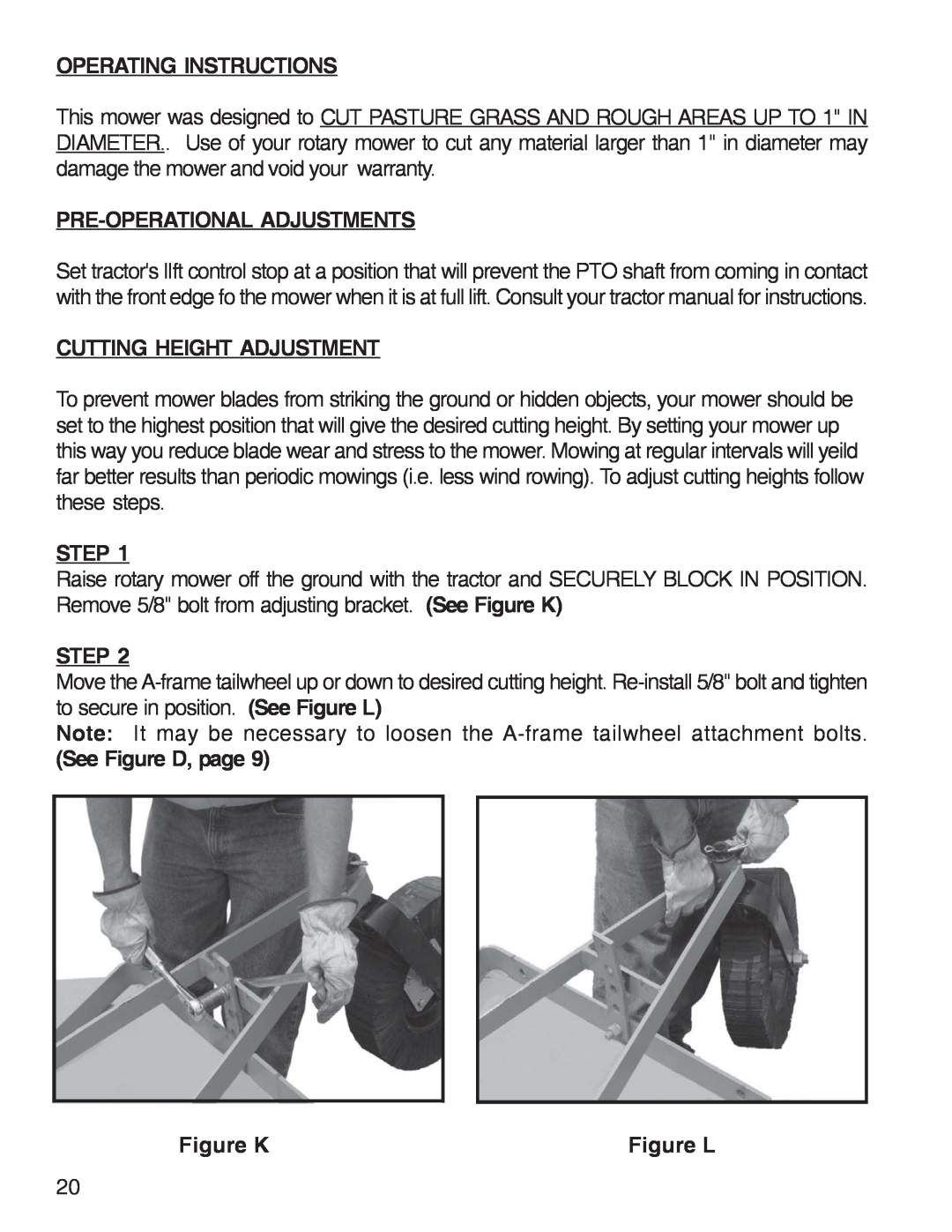 King Kutter Rotary Mower Operating Instructions, Pre-Operational Adjustments, Cutting Height Adjustment, Step, Figure K 