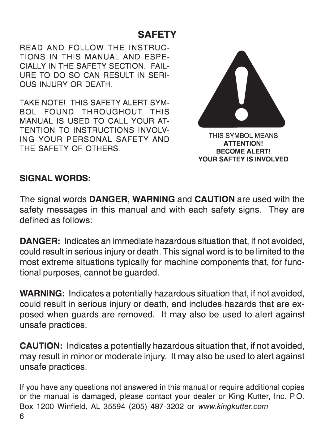 King Kutter Rotary Mower manual Safety, Signal Words 