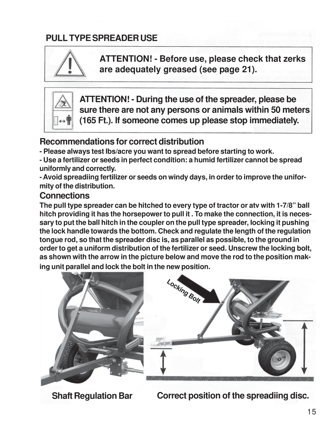 King Kutter S-ATV-180-U manual Pull Type Spreader USE, Recommendations for correct distribution, Connections 