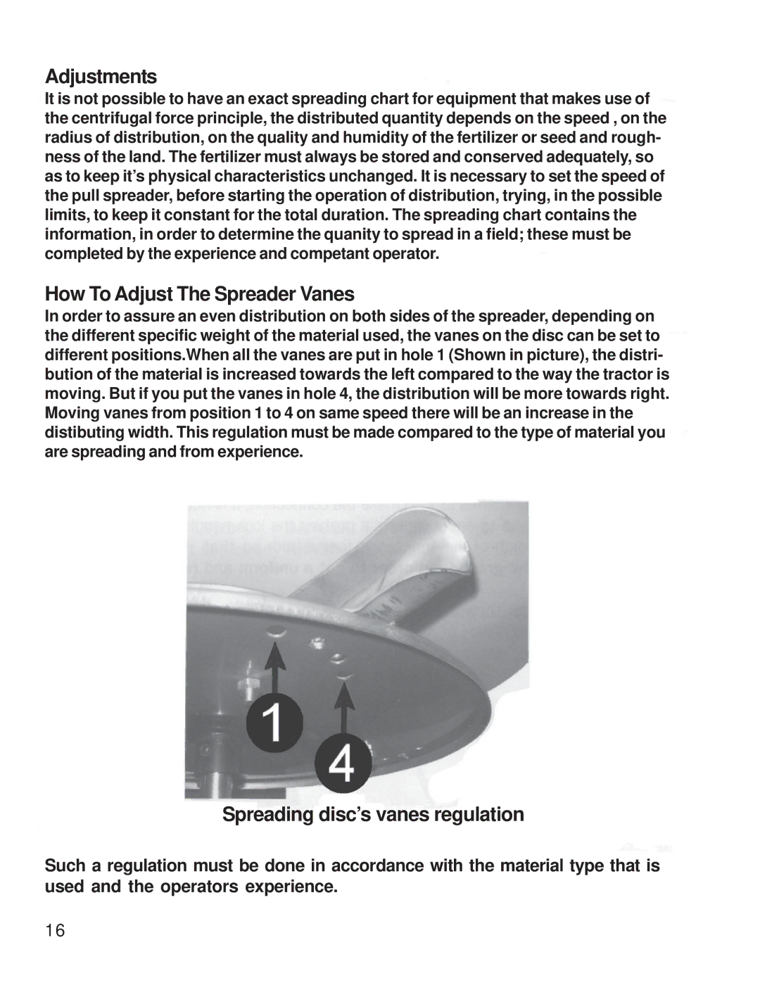 King Kutter S-ATV-180-U manual Adjustments, How To Adjust The Spreader Vanes, Spreading disc’s vanes regulation 