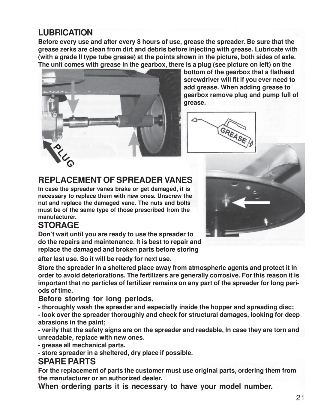 King Kutter S-ATV-180-U manual Lubrication, Replacement of Spreader Vanes, Storage, Spare Parts 