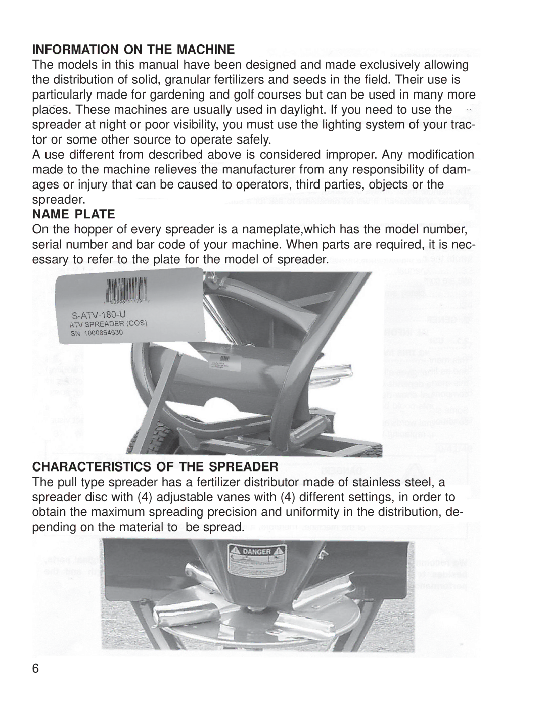 King Kutter S-ATV-180-U manual Information on the Machine, Name Plate, Characteristics of the Spreader 