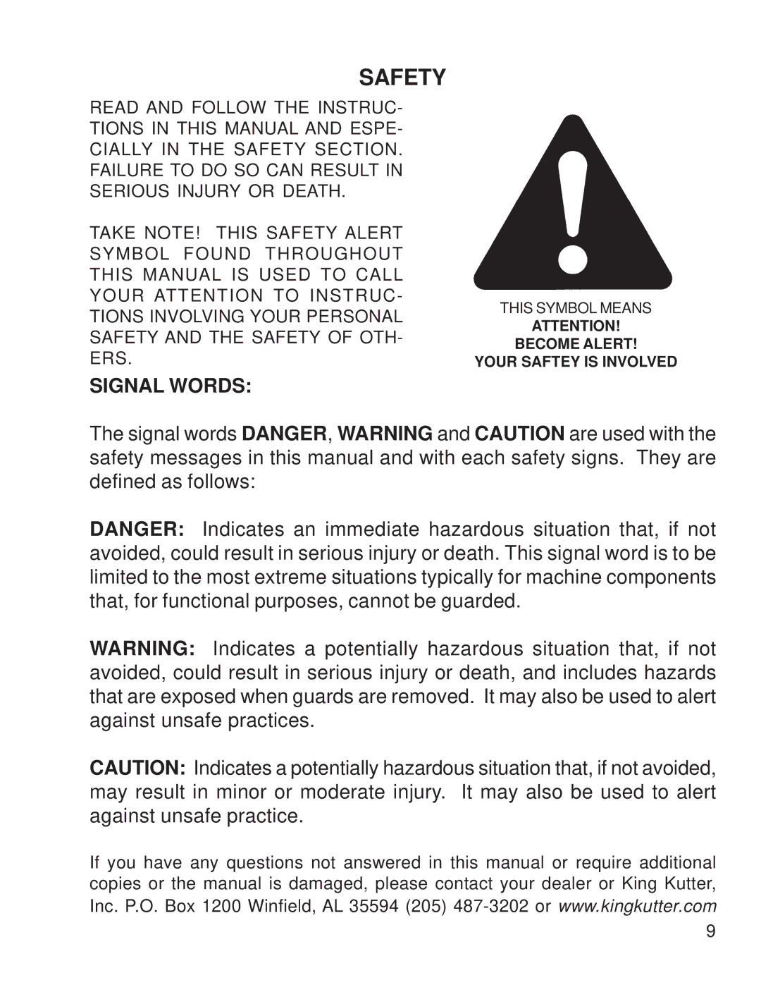 King Kutter S-ATV-180-U manual Safety, Signal Words 