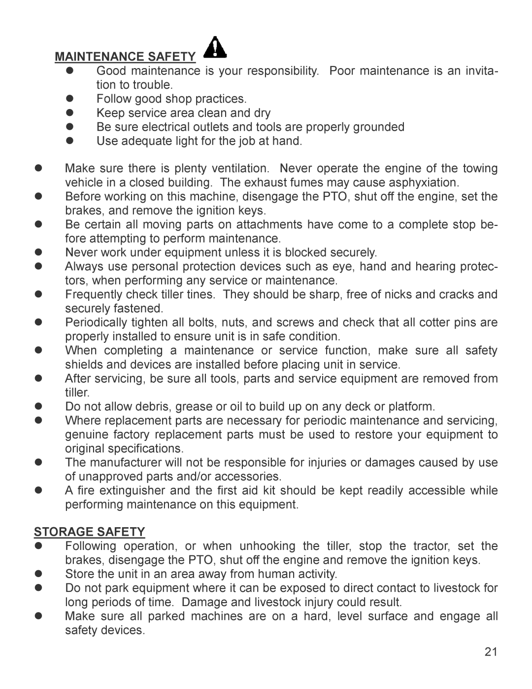 King Kutter TG-48-XB manual Maintenance Safety, Storage Safety 