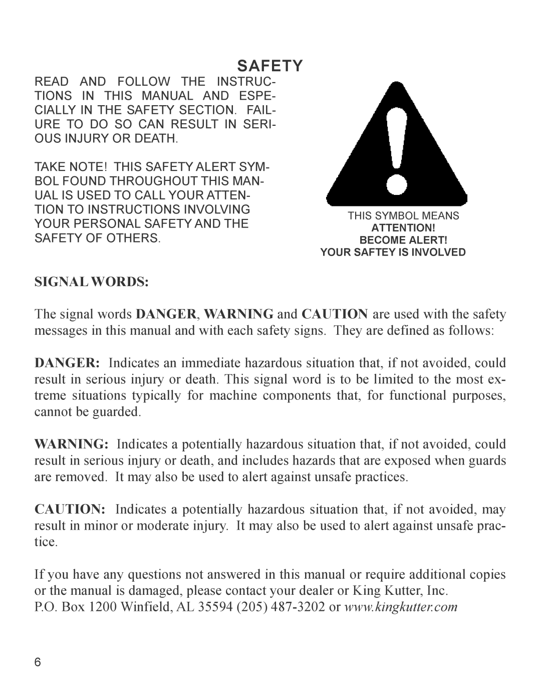 King Kutter TG-48-XB manual Safety 