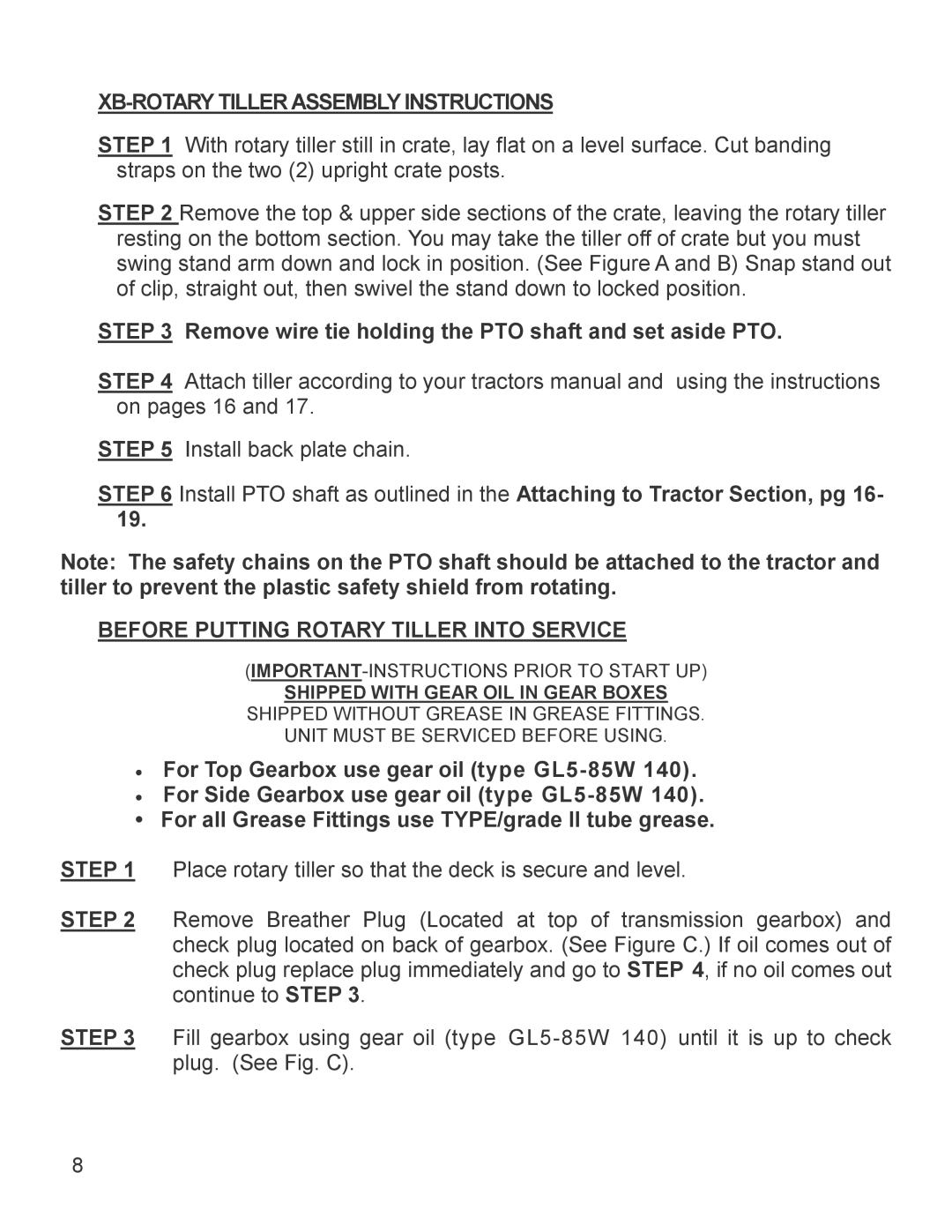 King Kutter TG-48-XB manual XB-ROTARY Tiller Assembly Instructions, Before Putting Rotary Tiller Into Service 