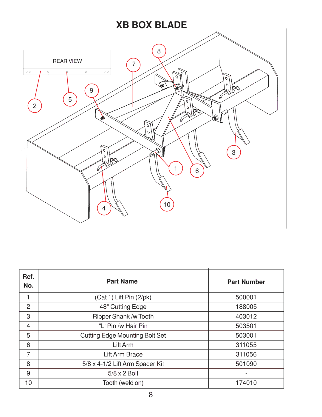 King Kutter manual XB BOX Blade, Part Name Part Number 