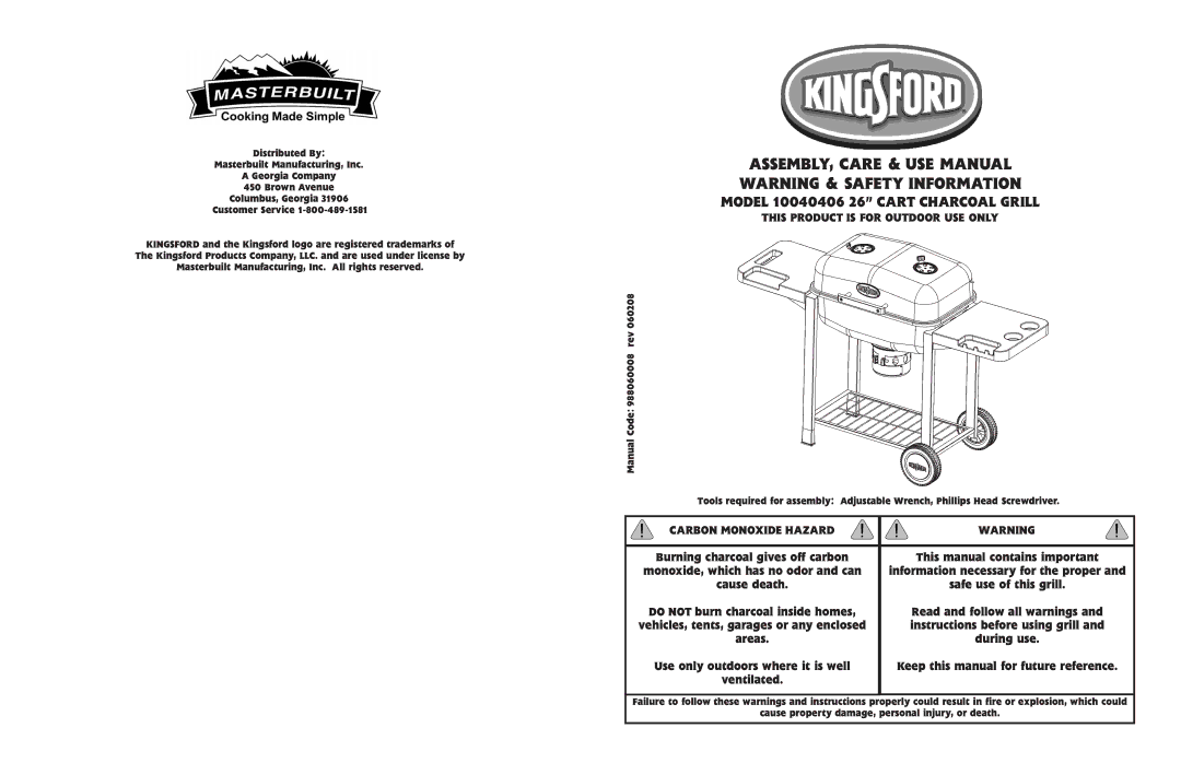 Kingsford 10040406 manual This Product is for Outdoor USE only, Carbon Monoxide Hazard 