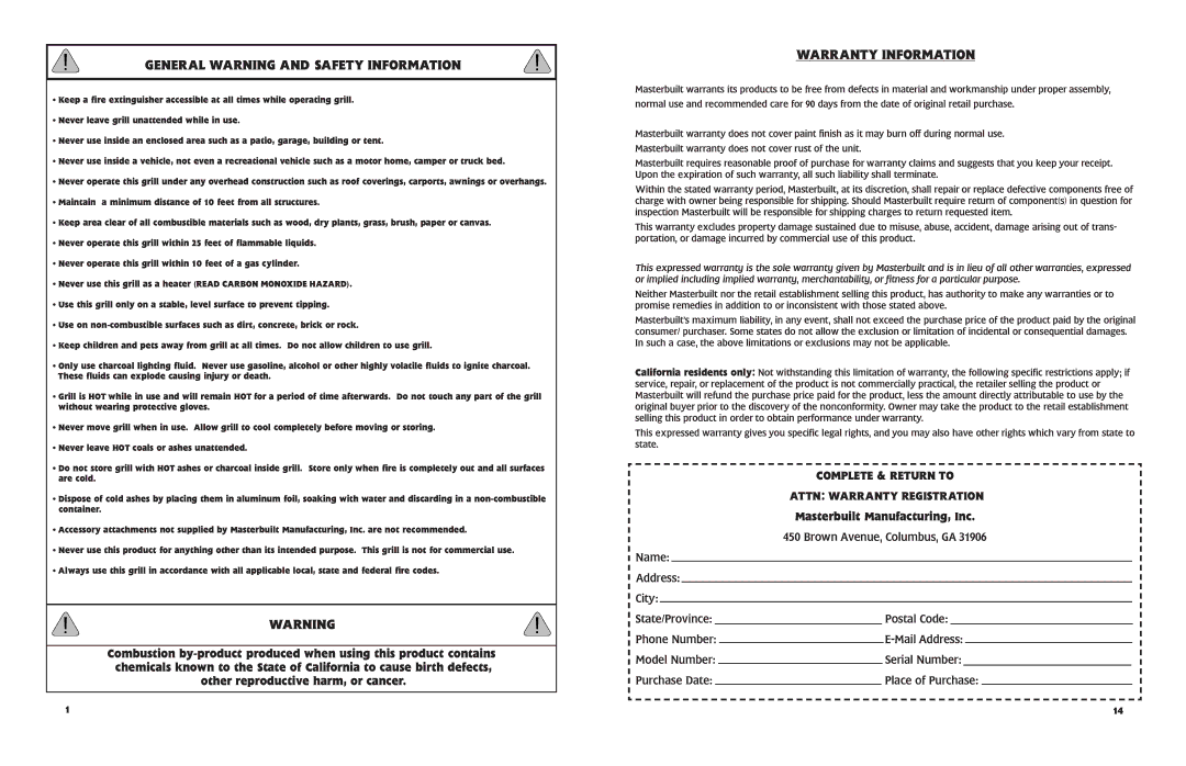 Kingsford 10040406 manual General Warning and Safety Information, Warranty Information, Masterbuilt Manufacturing, Inc 