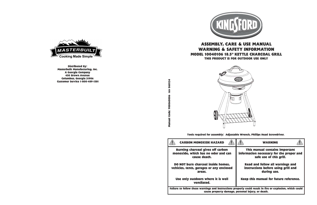 Kingsford 10040106, KINGSFORD manual This Product is for Outdoor USE only, Carbon Monoxide Hazard 