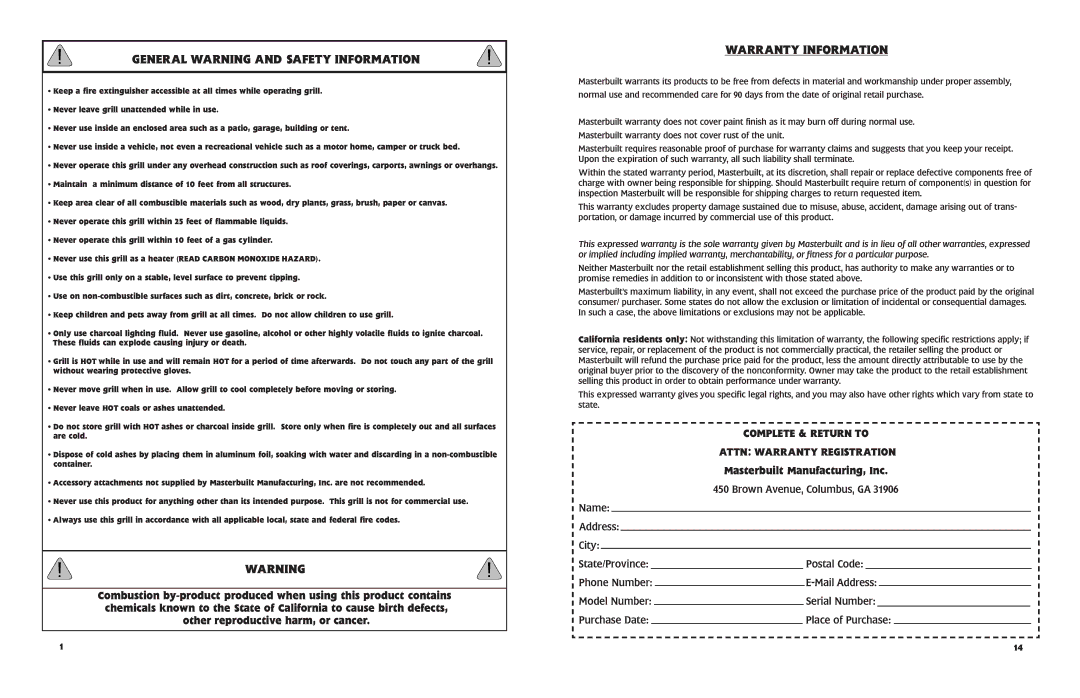 Kingsford KINGSFORD, 10040106 manual General Warning and Safety Information, Warranty Information 