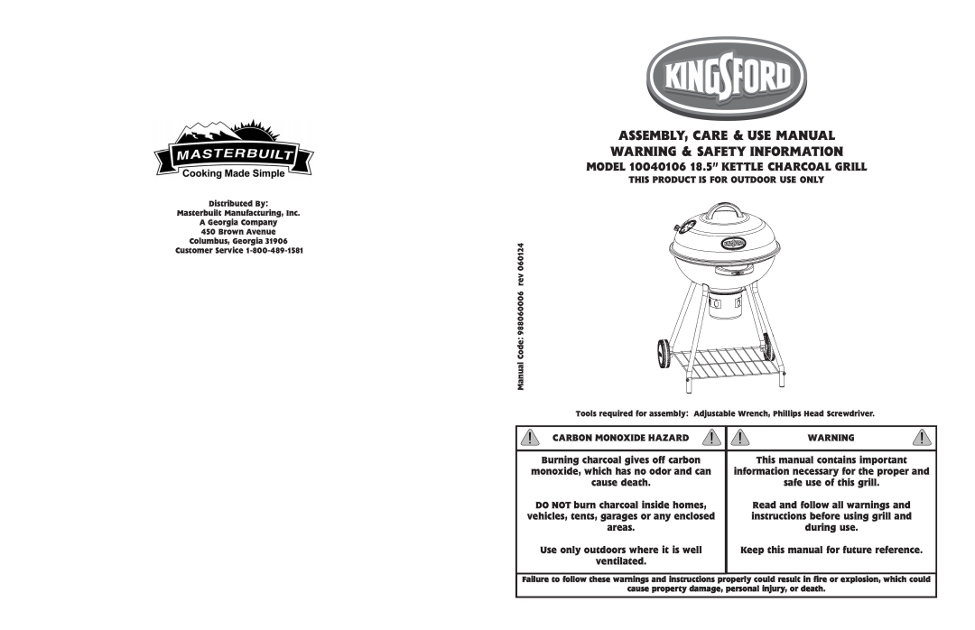 Kingsford 10040106, KINGSFORD manual Assembly, Care & Use Manual Warning & Safety Information 