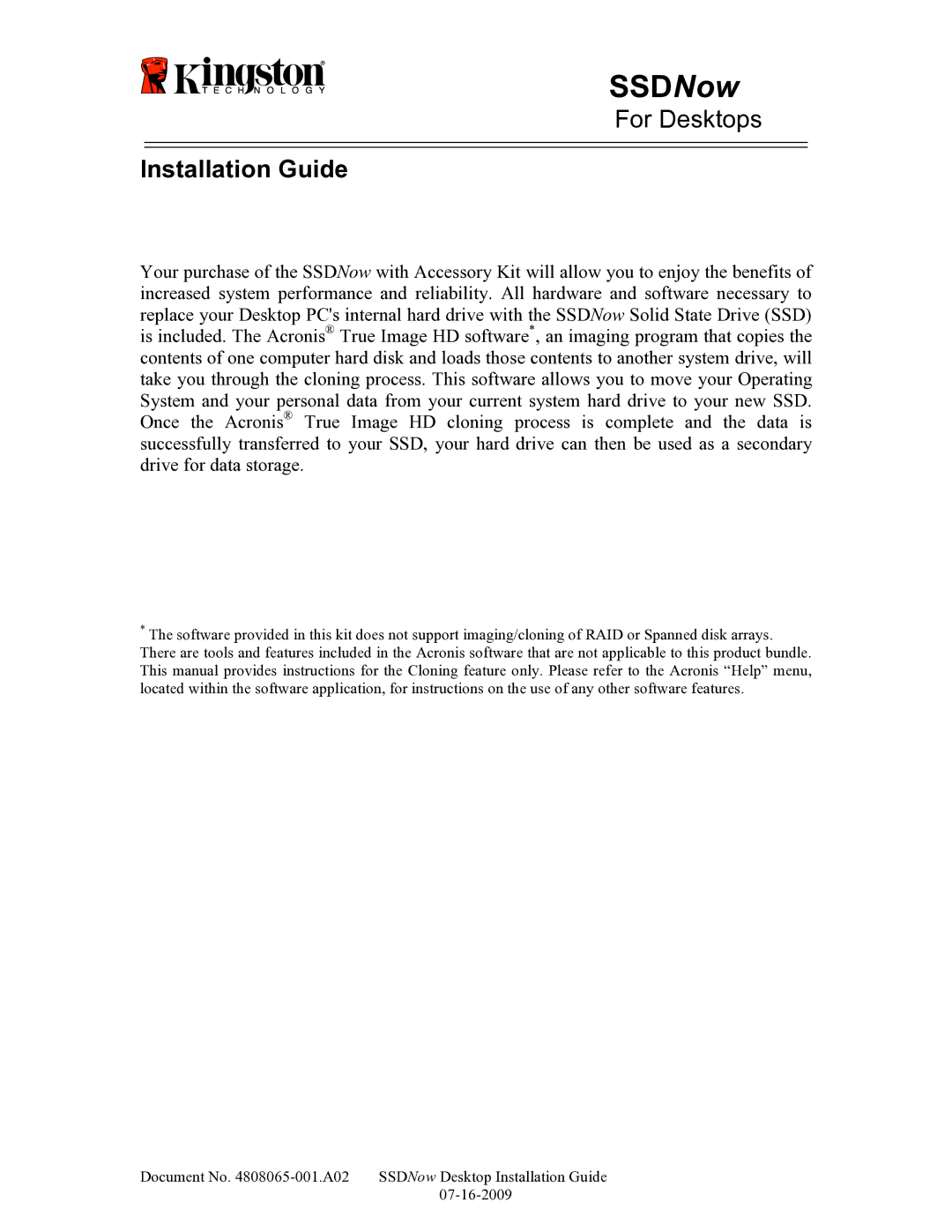 Kingston Technology 07-16-2009 manual SSDNow, Installation Guide 